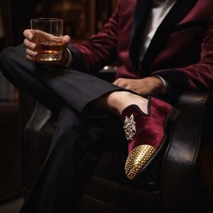 JITAI Mens Burgundy Velvet Loafer Shoes Gold Studded Toe Angel Accent Size 9